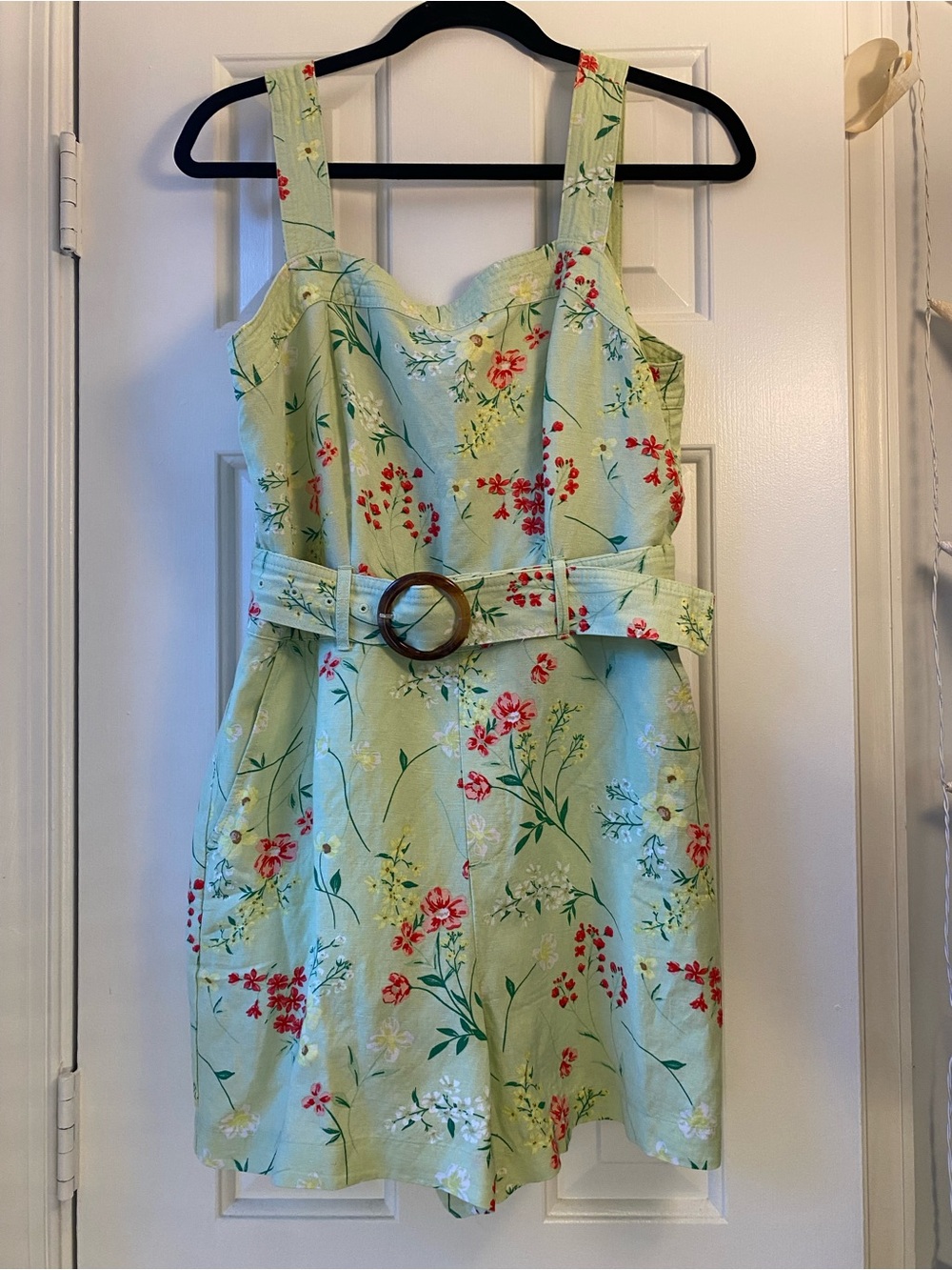LOFT Light Green Floral Belted Romper